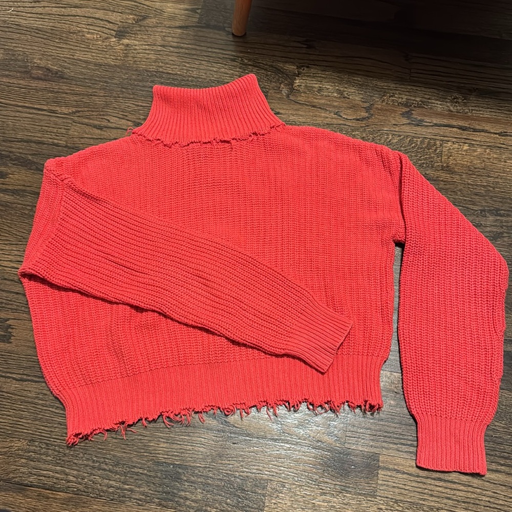 Hot pinkish-red cropped distressed sweater. Size L, fits like a M. Like new!